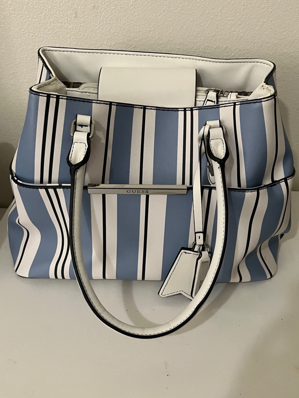 GUESS Blue and White Vertical Stripe Tote